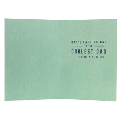 Hallmark Signature Father's Day Card - Stubby Holder, inside view showing message 'Happy Father's Day to the coolest dad I could ask for' on light green background.