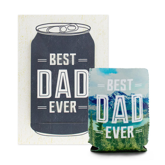 Hallmark Signature Father's Day Card - Stubby Holder featuring an illustration of a can with 'Best Dad Ever' text in a flat lay arrangement.