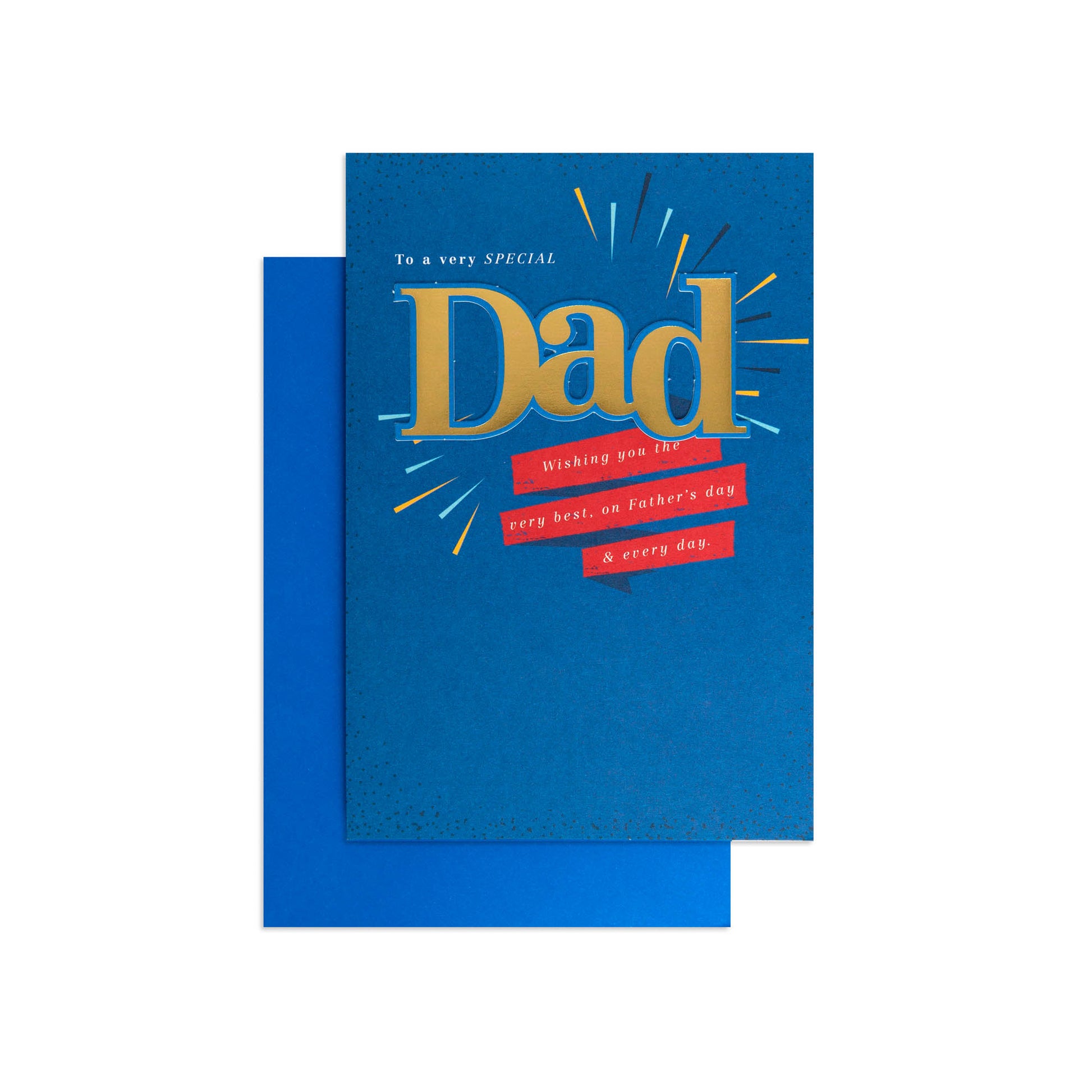 Hallmark Father's Day Card - Gold Dad, contemporary design, blue and gold foil, showing the front and back covers.