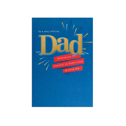 Hallmark Father's Day Card - Gold Dad, contemporary design, gold-foil text on blue background, flat lay view.
