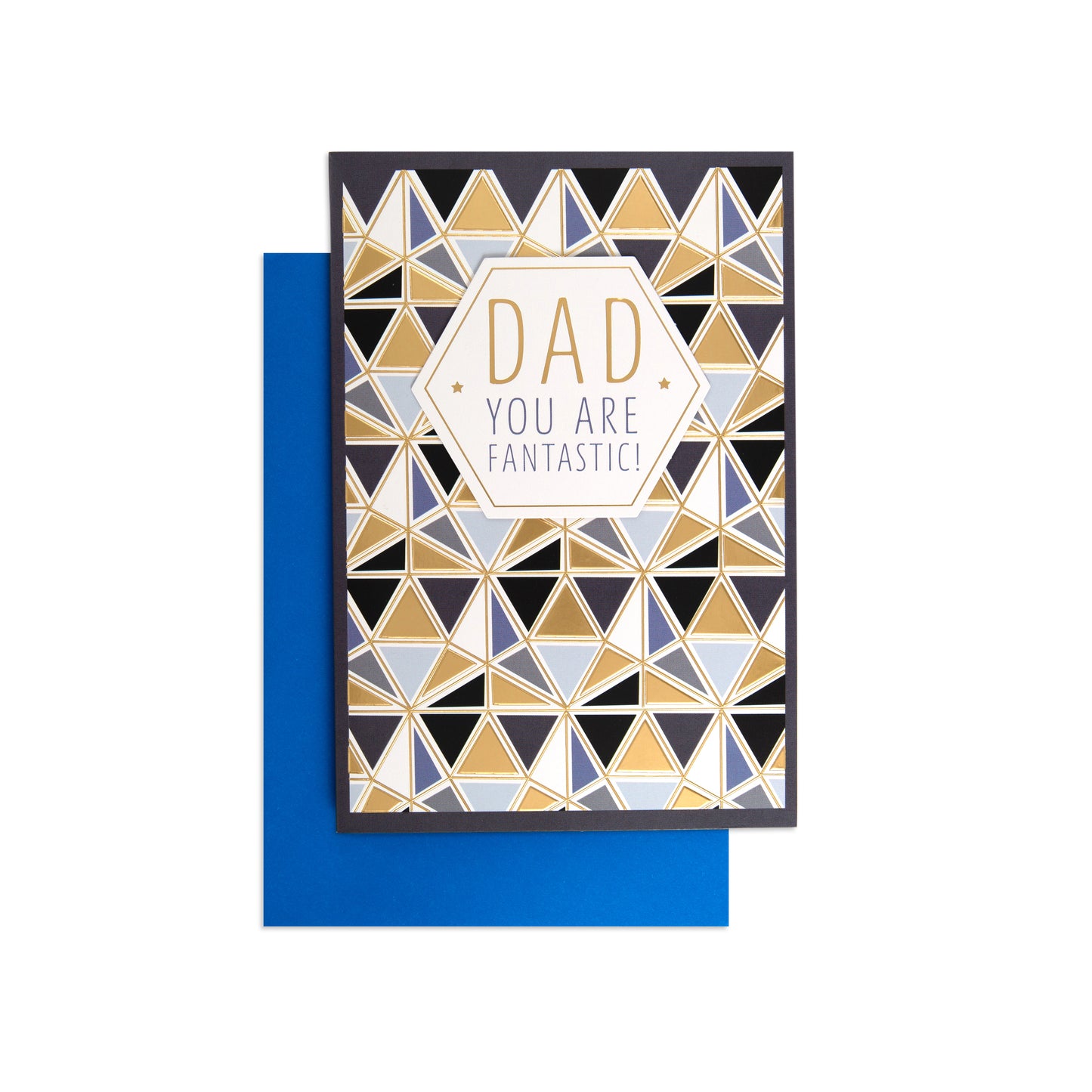 Fcc Dad Dad You Are Fantastic greeting card, geometric gold and black design, featuring blue envelope, flat lay view.
