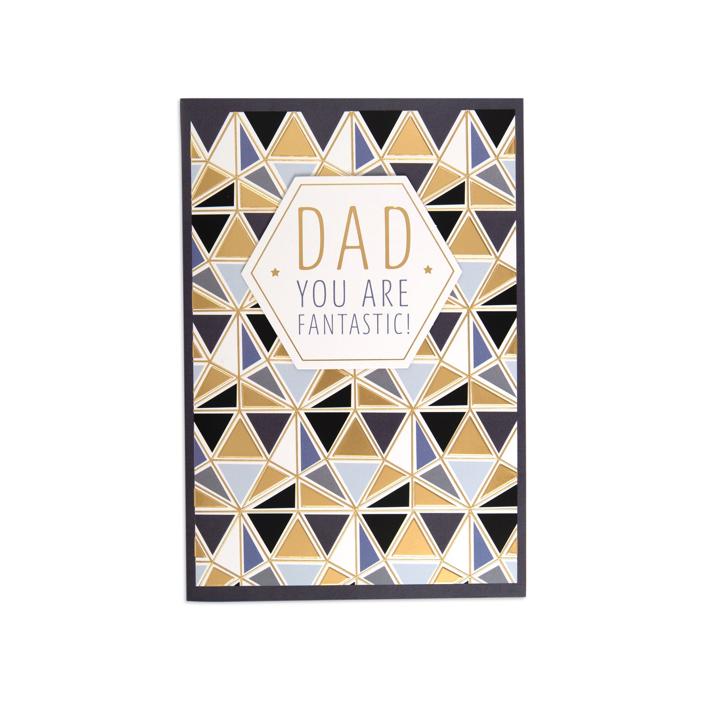 Fcc Dad Dad You Are Fantastic greeting card with geometric patterns in gold, black, and pastel shades, flat lay view.