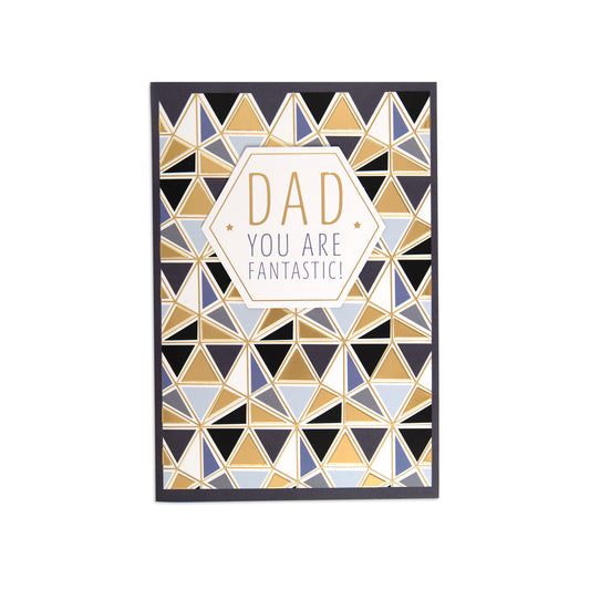 Fcc Dad Dad You Are Fantastic greeting card with geometric patterns in gold, black, and pastel shades, flat lay view.