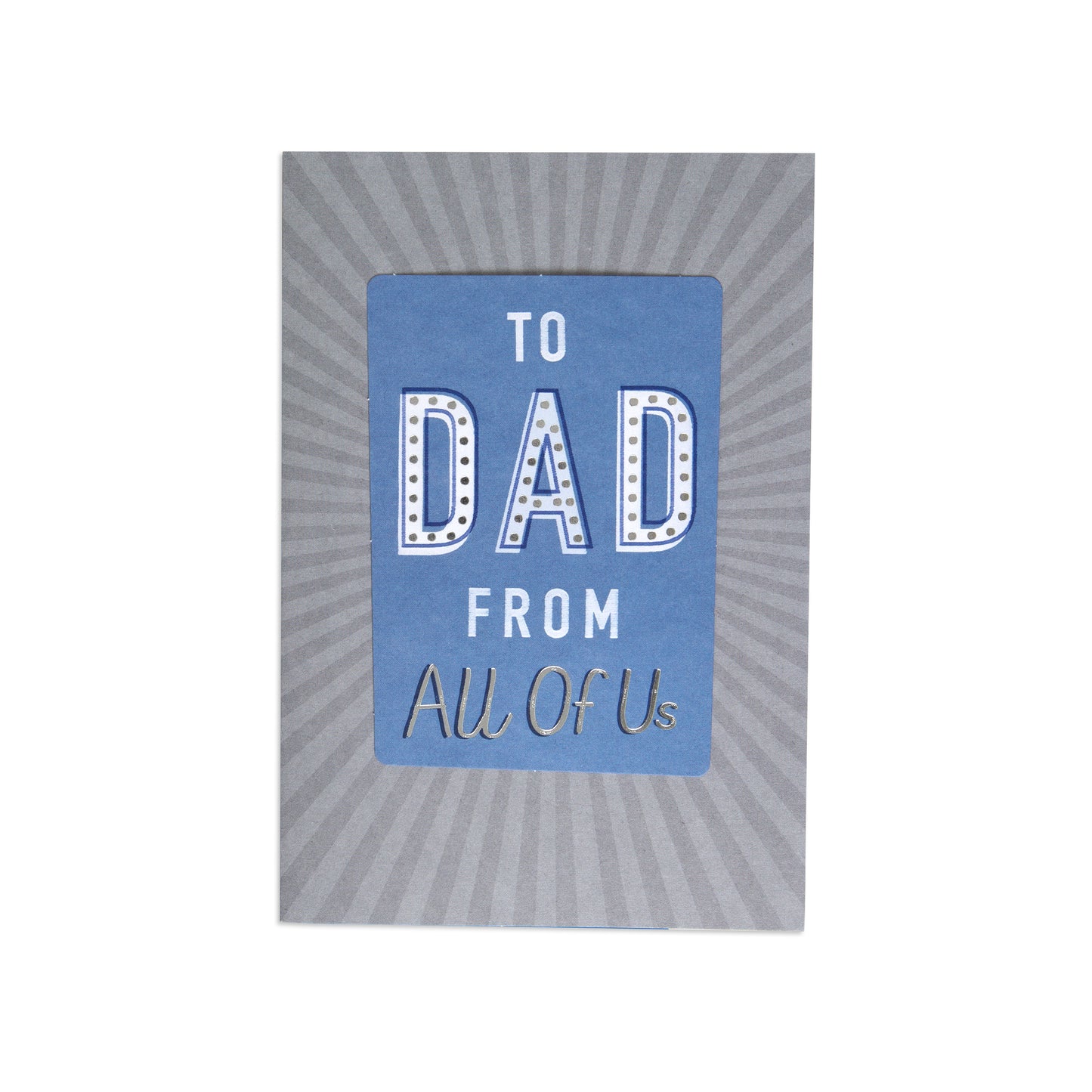 Fcc Dad From All Bold Text greeting card with blue and grey design, featuring bold lettering and a sunburst background
