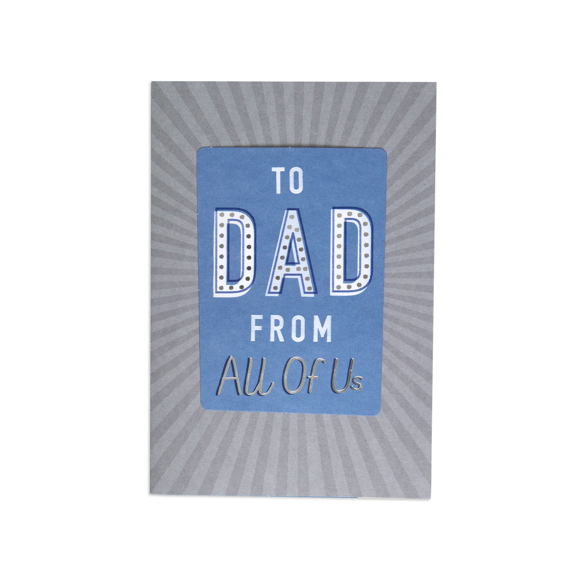 Fcc Dad From All Bold Text greeting card with blue and grey design, featuring bold lettering and a sunburst background