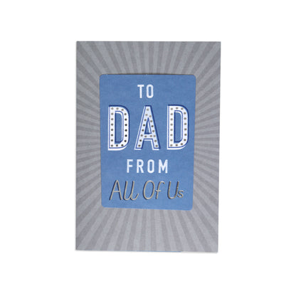 Fcc Dad From All Bold Text greeting card with blue and grey design, featuring bold lettering and a sunburst background