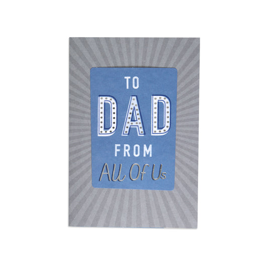 Fcc Dad From All Bold Text greeting card with blue and grey design, featuring bold lettering and a sunburst background