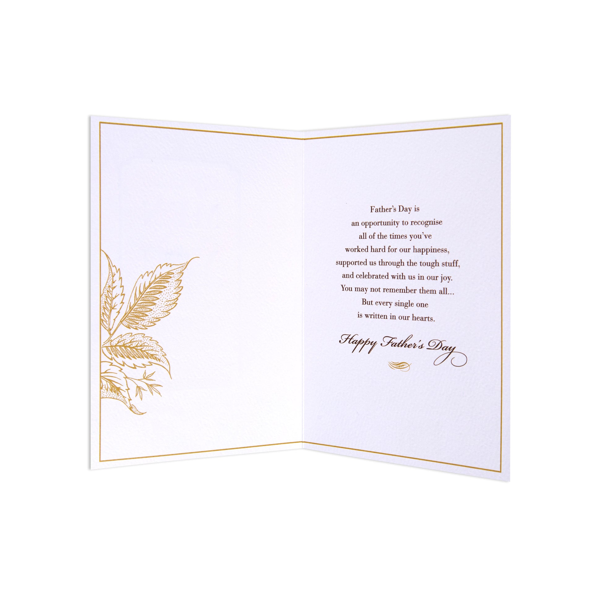 An open white Father's Day greeting card with elegant gold foil leaf detailing on the left panel and a centered poem with 'Happy Father's Day' written in gold script at the bottom.