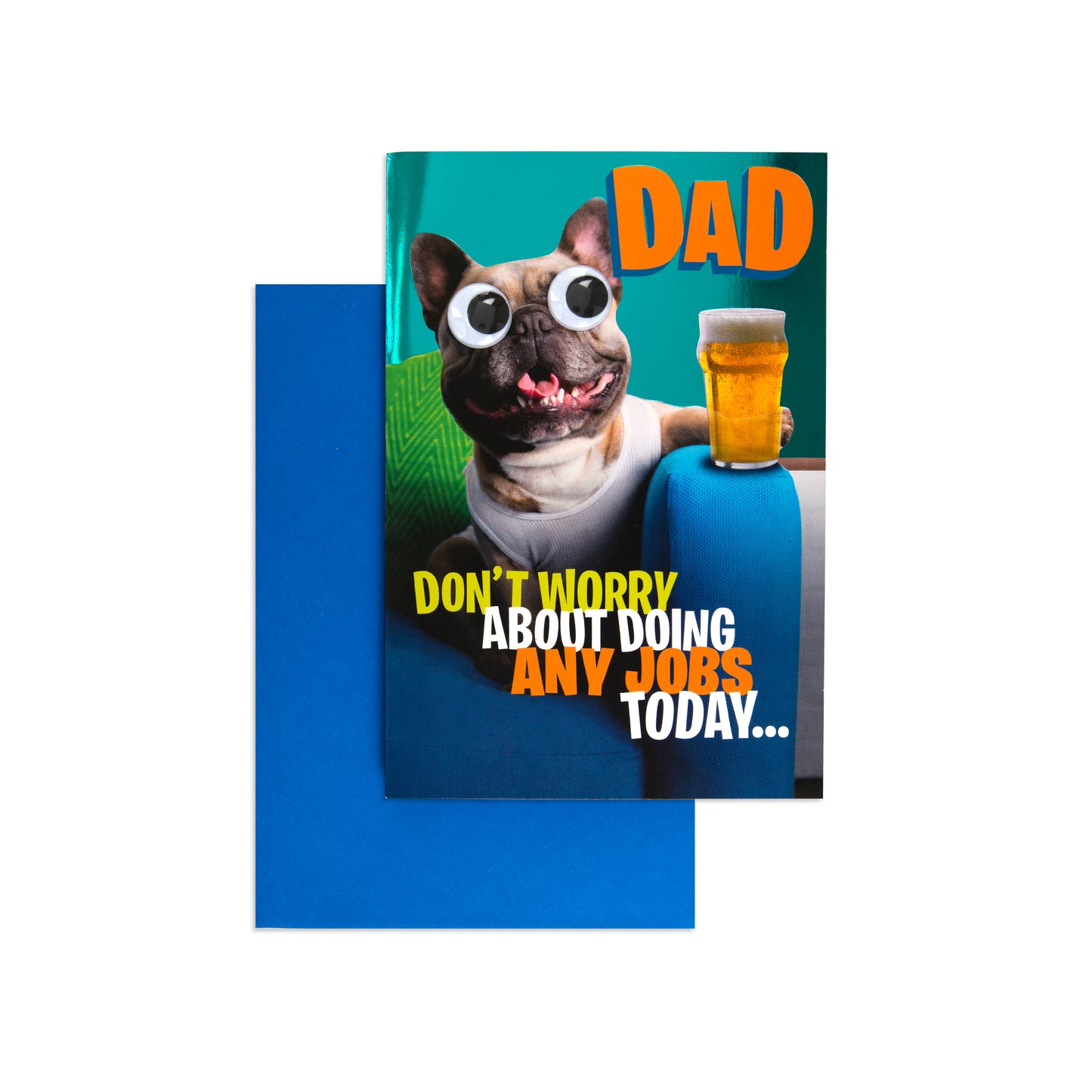 Fcc Dad Beer And Bulldog greeting card featuring a comical bulldog with oversized eyes and a beer, flat lay with blue envelope