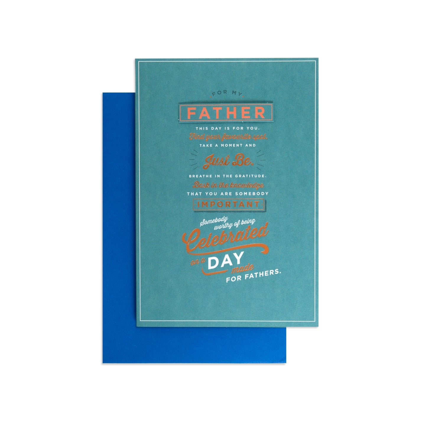 Fcc Father Teal Copper Text greeting card with blue envelope, elegant design featuring inspirational message for Father's Day.