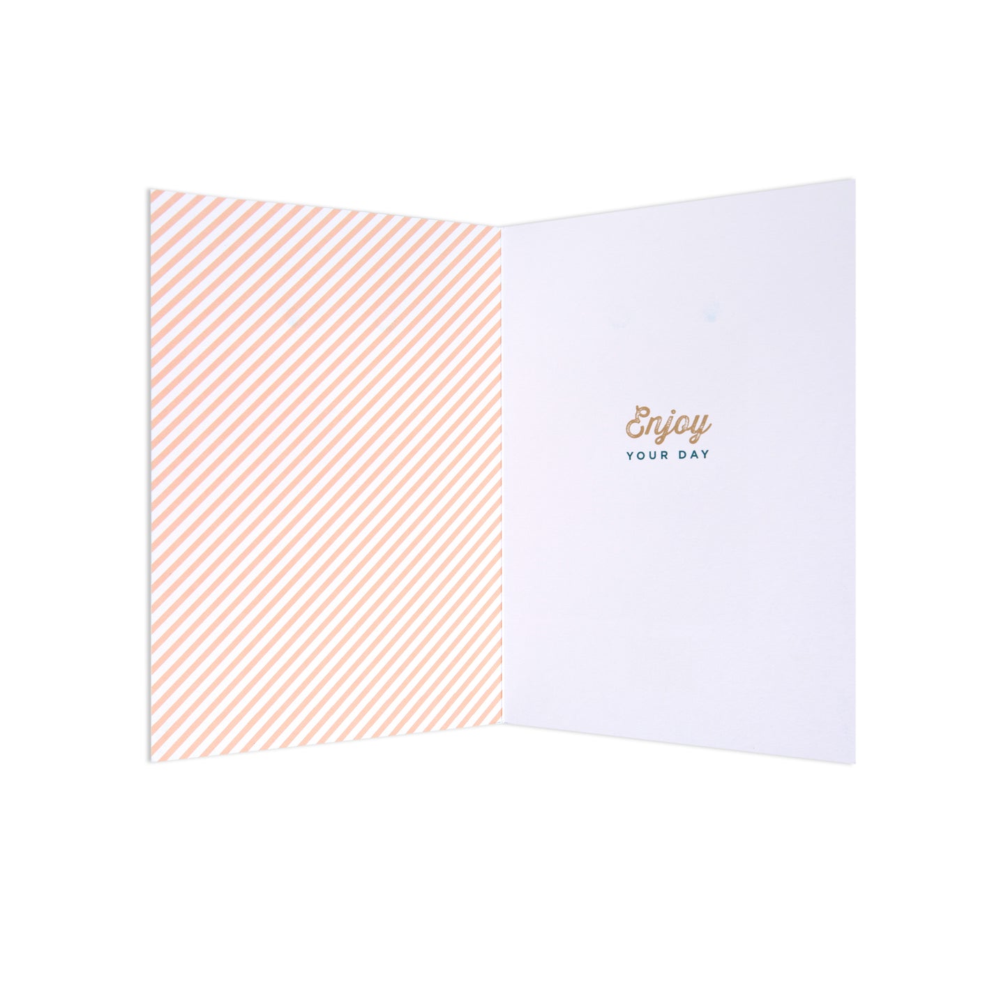 Fcc Father Teal Copper Text greeting card, featuring a striped interior and a printed message, open flat for viewing.