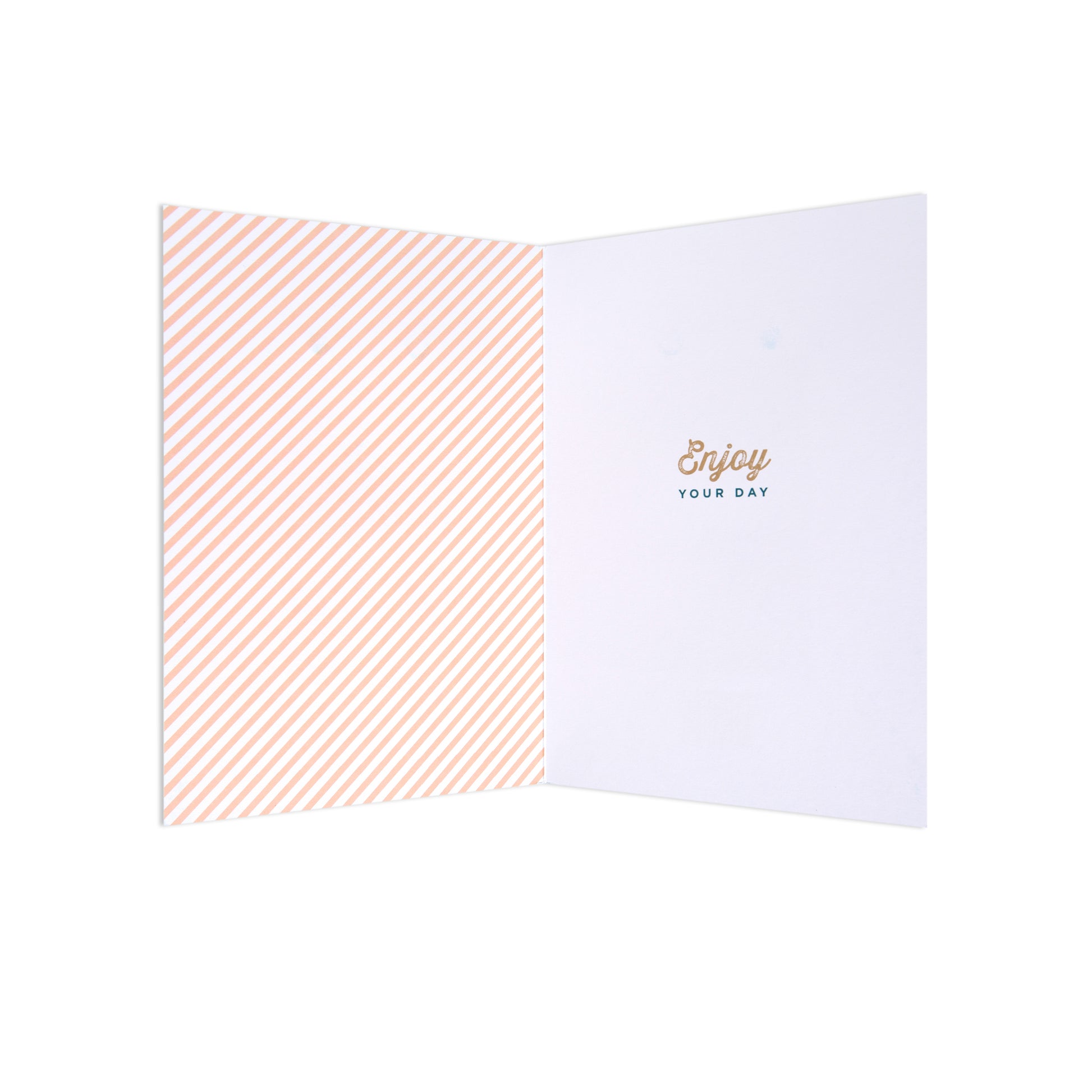Fcc Father Teal Copper Text greeting card, featuring a striped interior and a printed message, open flat for viewing.