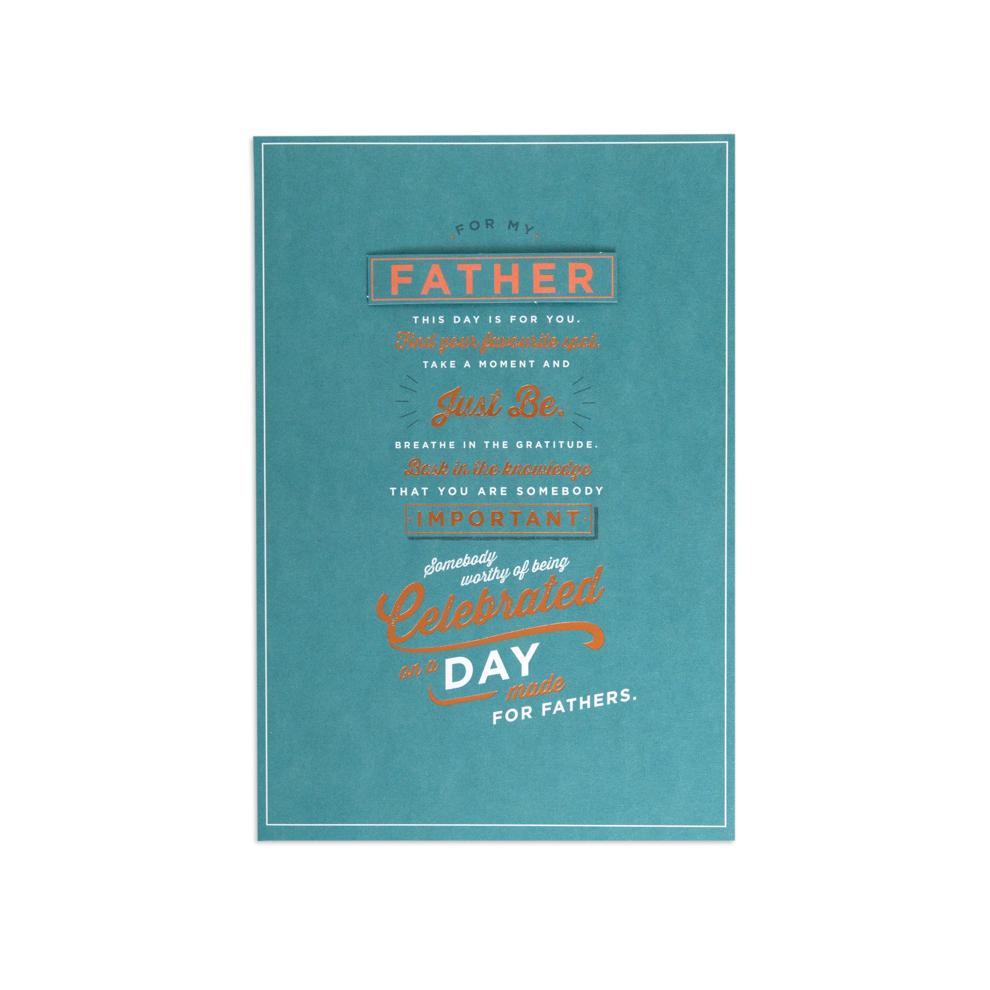 Fcc Father Teal Copper Text card, featuring uplifting message in teal background with copper lettering, flat lay design.