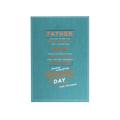 Fcc Father Teal Copper Text card, featuring uplifting message in teal background with copper lettering, flat lay design.