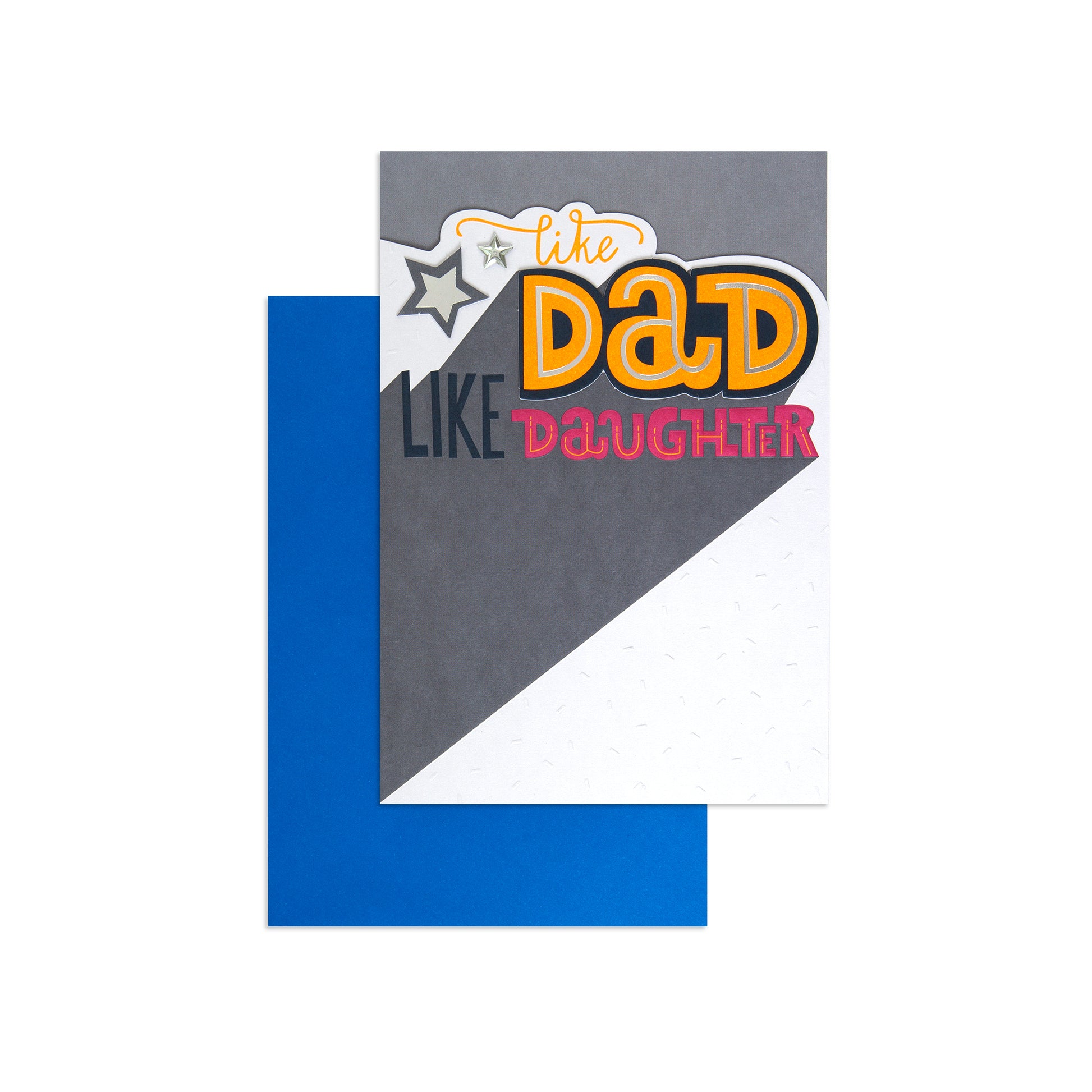 Fcc Dad Frm Daughtr Specks card, vibrant grey and white design with blue backing, featuring playful text and star accents.