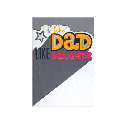 Fcc Dad Frm Daughtr Specks, card design with bold text and stars, featuring a grey and white colour palette, flat lay view.
