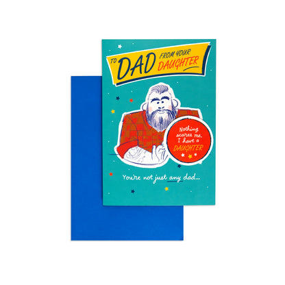 A humorous dad card featuring a cartoon gorilla in a red sweater on a turquoise background, with the text 'To Dad From Your Daughter' and 'You're not just any dad.
