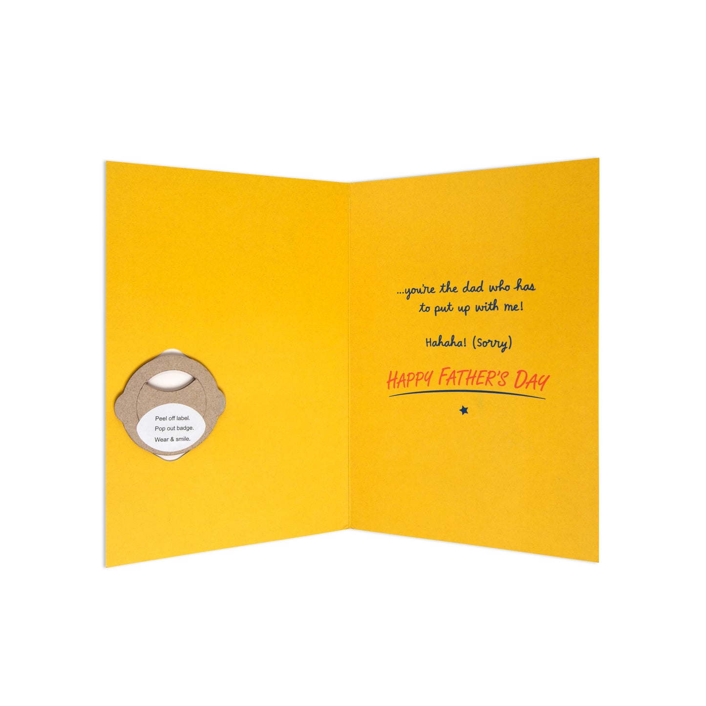 A folded yellow greeting card shown open on a white background, with printed text on the inside right panel reading 'Happy Father's Day' and a small circular cutout on the left panel containing a bottle opener.