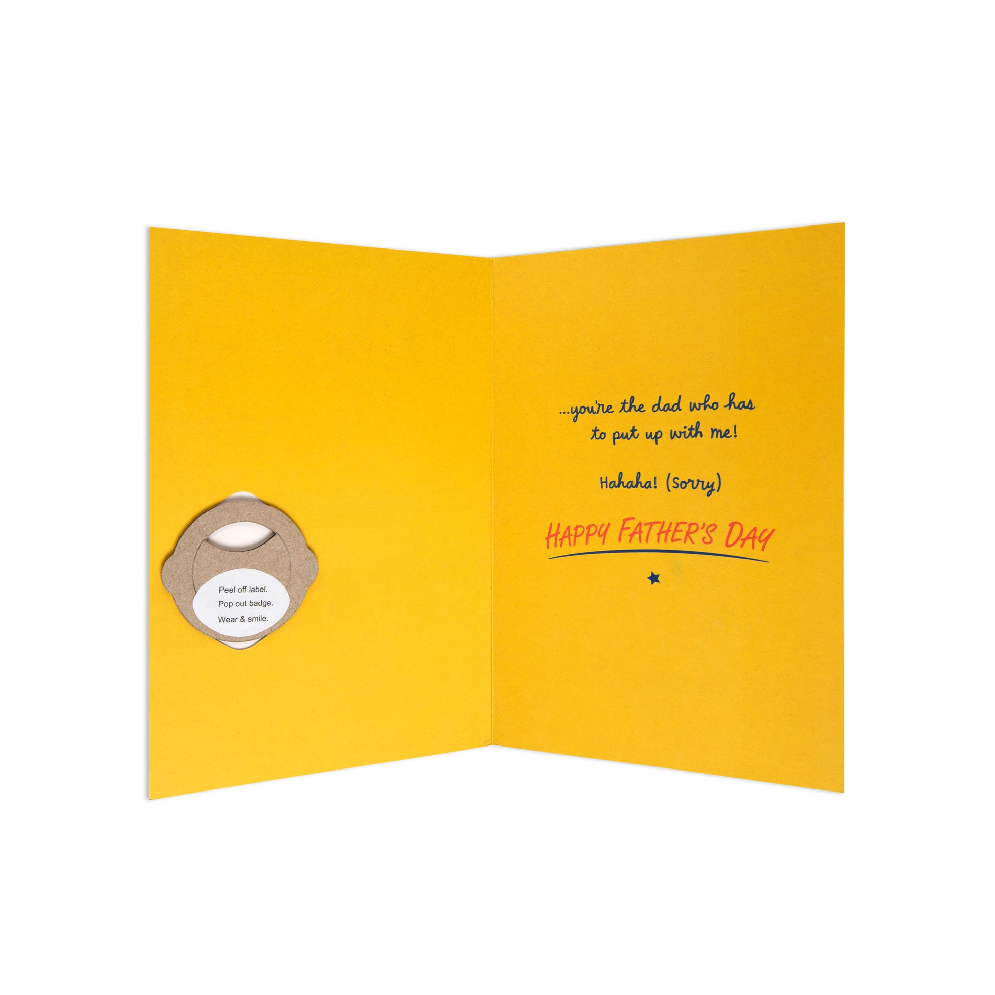 A folded yellow greeting card shown open on a white background, with printed text on the inside right panel reading 'Happy Father's Day' and a small circular cutout on the left panel containing a bottle opener.
