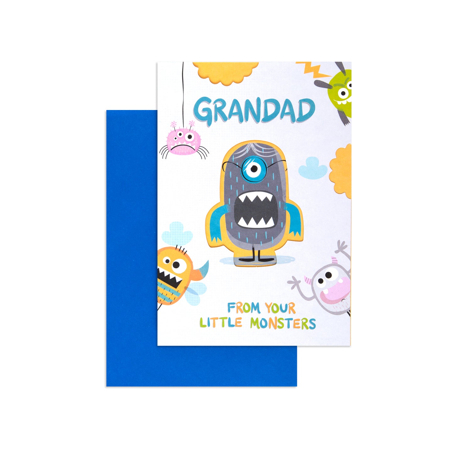 Hallmark Father's Day Card - From Your Little Monsters (For Grandad) featuring colourful illustrations of monsters and a blue envelope.