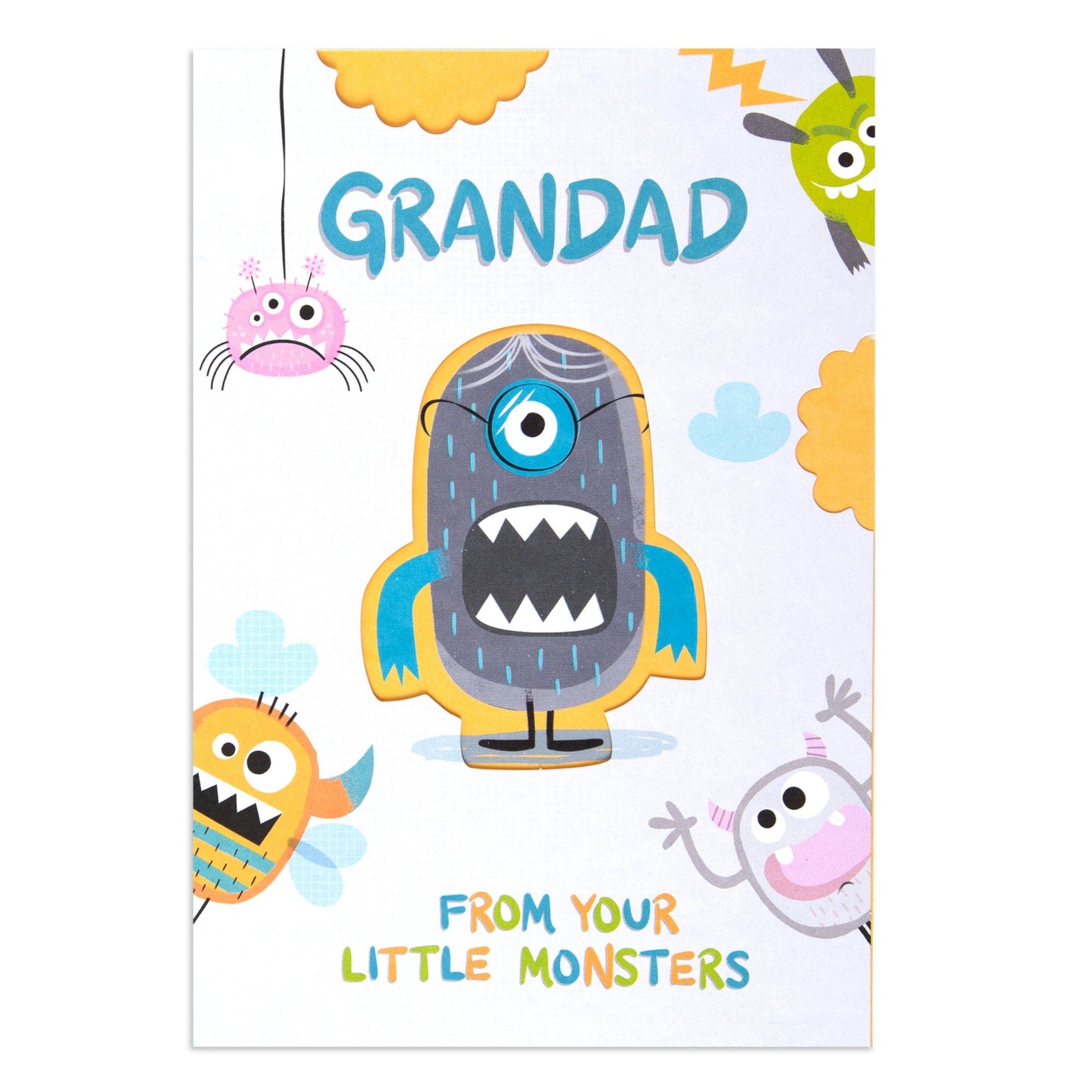 Hallmark Father's Day Card - From Your Little Monsters (For Grandad) featuring colourful monster illustrations and playful text, flat lay view.