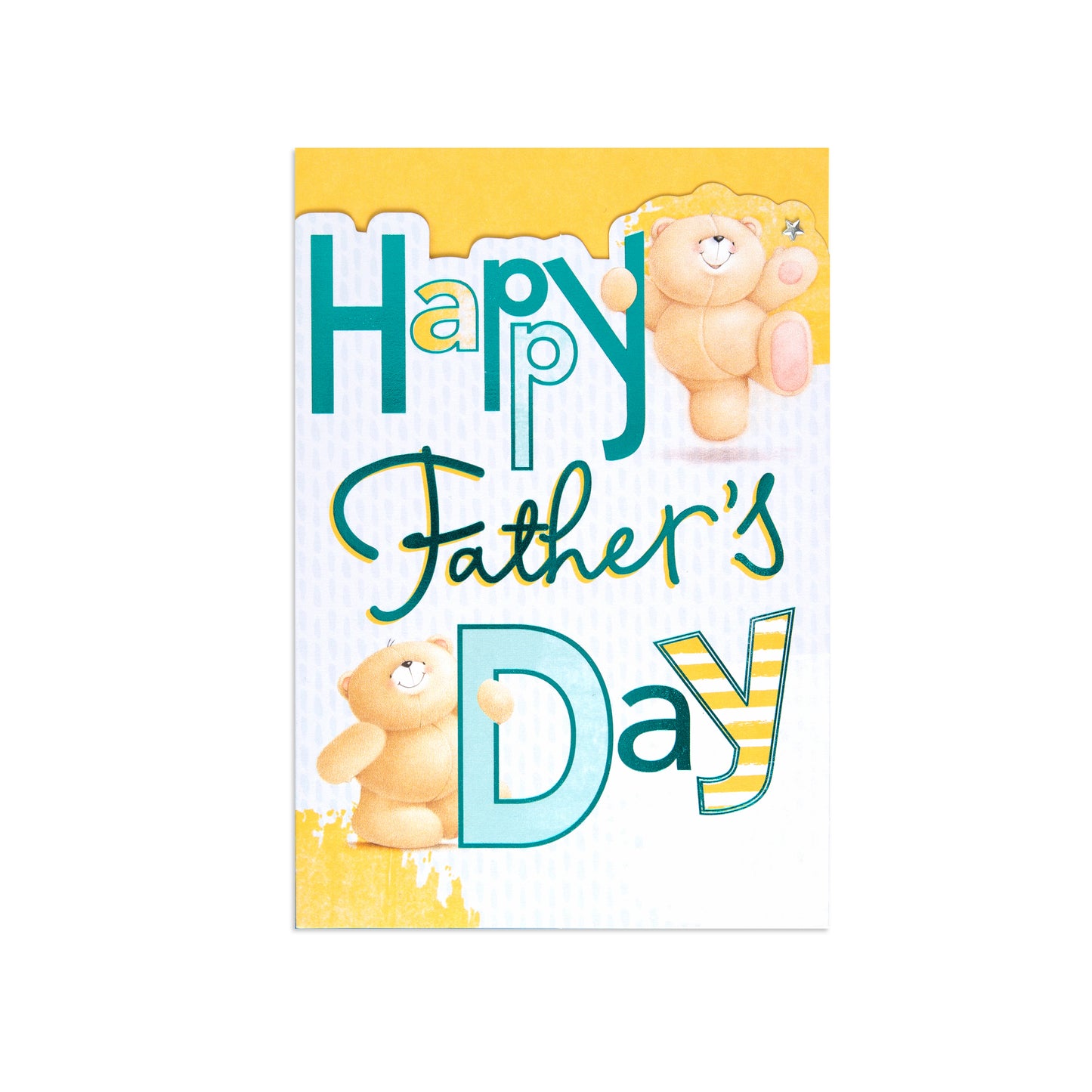A Father's Day greeting card featuring the text 'Happy Father's Day' in teal and yellow lettering, decorated with two cute teddy bears on a white and yellow background.