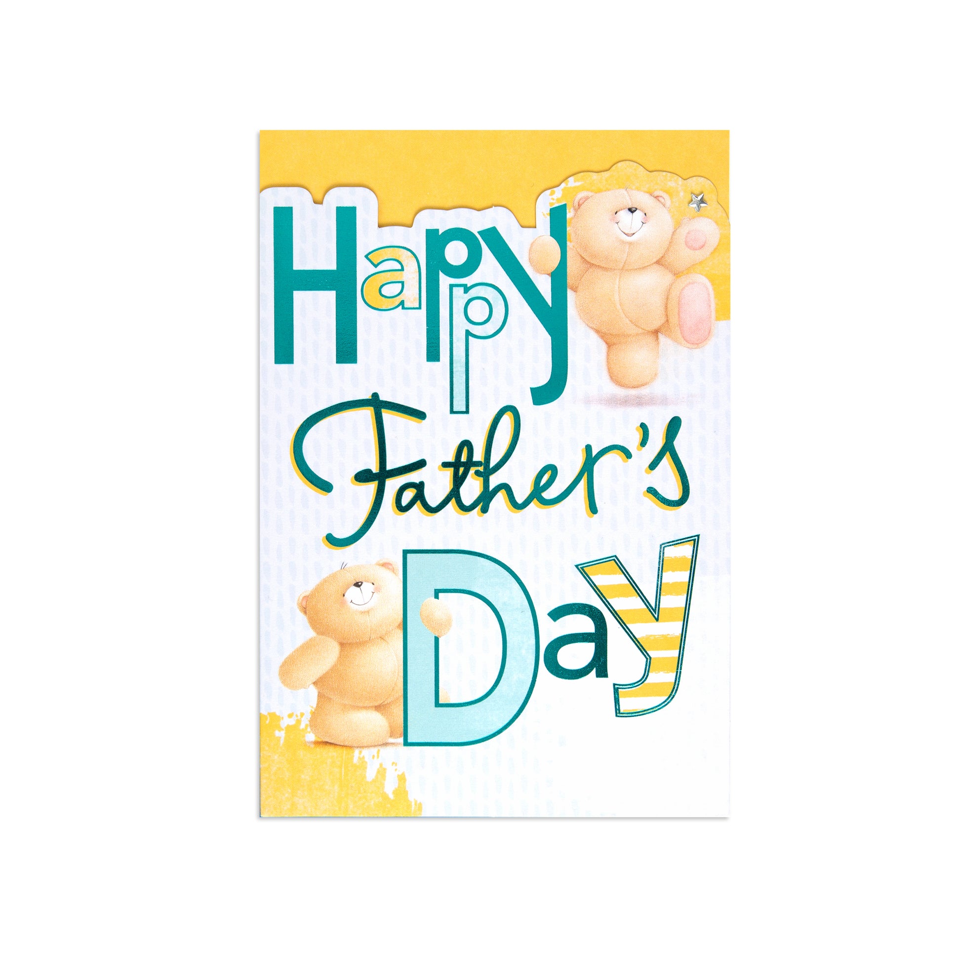 A Father's Day greeting card featuring the text 'Happy Father's Day' in teal and yellow lettering, decorated with two cute teddy bears on a white and yellow background.