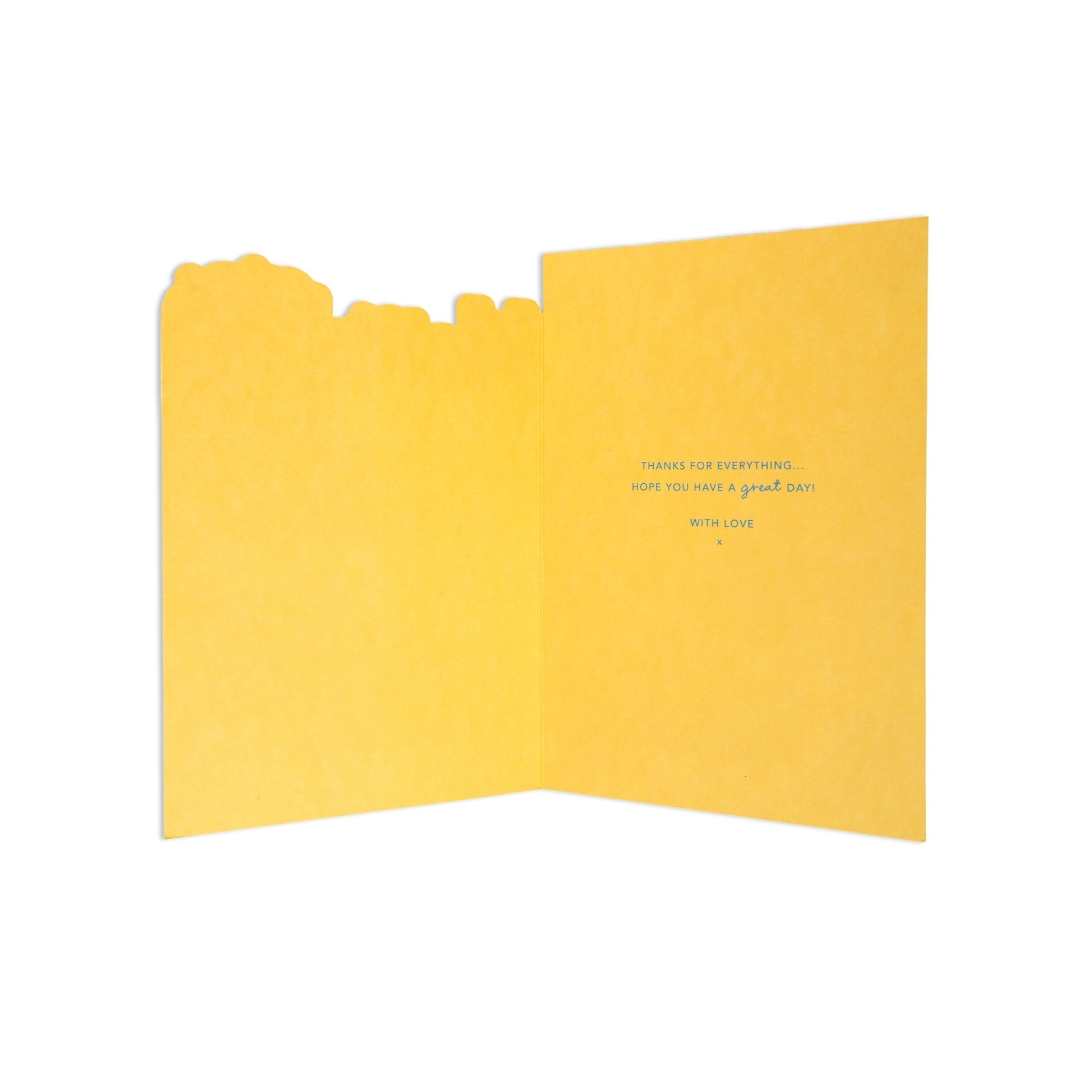 A folded yellow greeting card with a decorative cutout top edge, shown open against a plain white background. Small blue text is printed on the right panel.