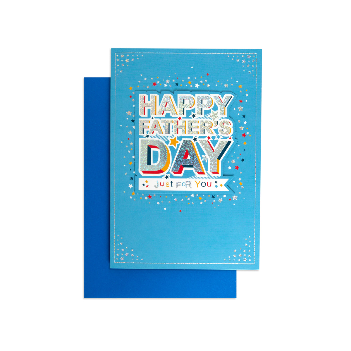 A blue Father's Day greeting card with colorful 'HAPPY FATHER'S DAY' lettering and small star confetti, shown with a matching blue envelope behind it on a white background.