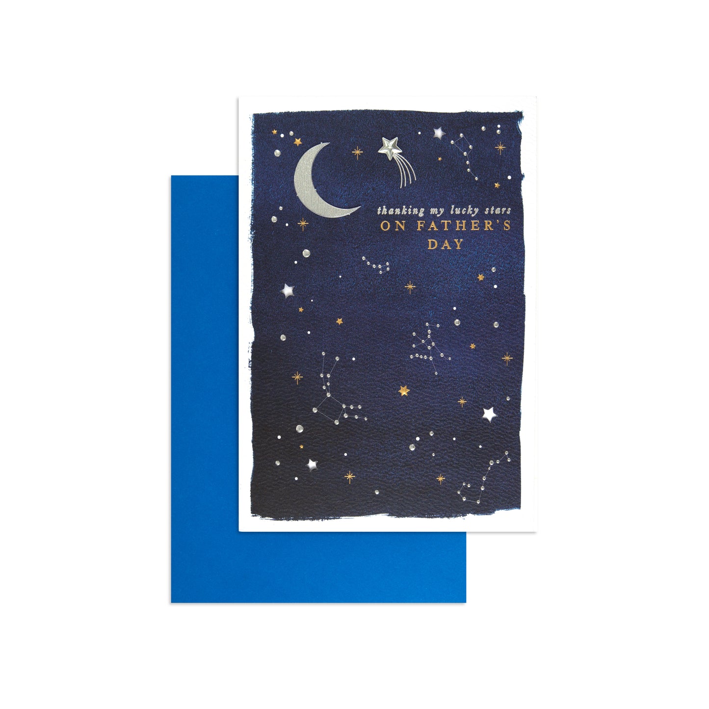 Fcc Gen Male Night Sky greeting card with celestial design and blue envelope, featuring moon and stars, perfect for Father's Day.