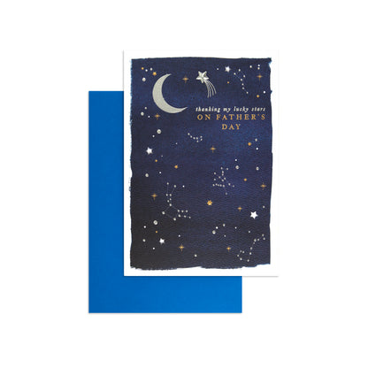 Fcc Gen Male Night Sky greeting card with celestial design and blue envelope, featuring moon and stars, perfect for Father's Day.