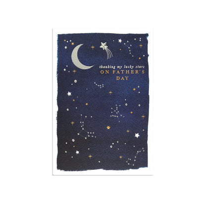 Fcc Gen Male Night Sky card featuring a moon, stars, and a comet on a dark blue background, designed for Father's Day.