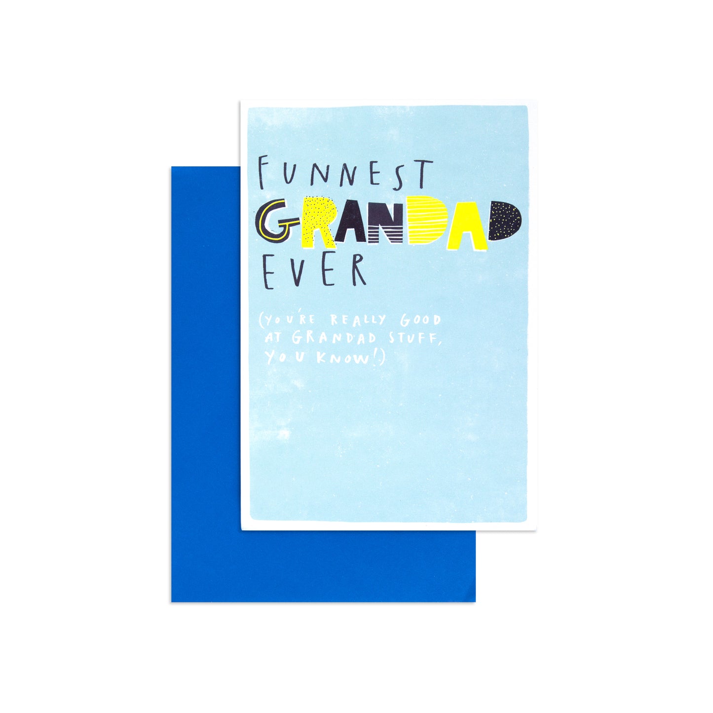 Fcc Grandad Funniest card design features bold text on a blue background, with a matching blue envelope, perfect for gifting.