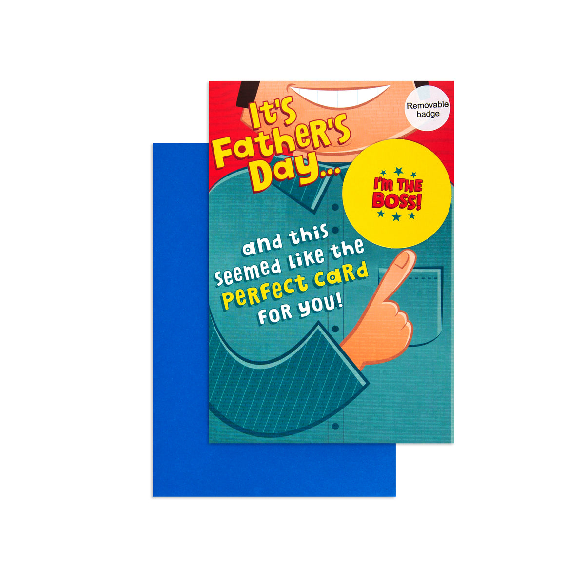 A Father's Day novelty card with a bright blue envelope behind it. The card features a cartoon illustration of a person pointing upward, with text that reads 'It's Father's Day.