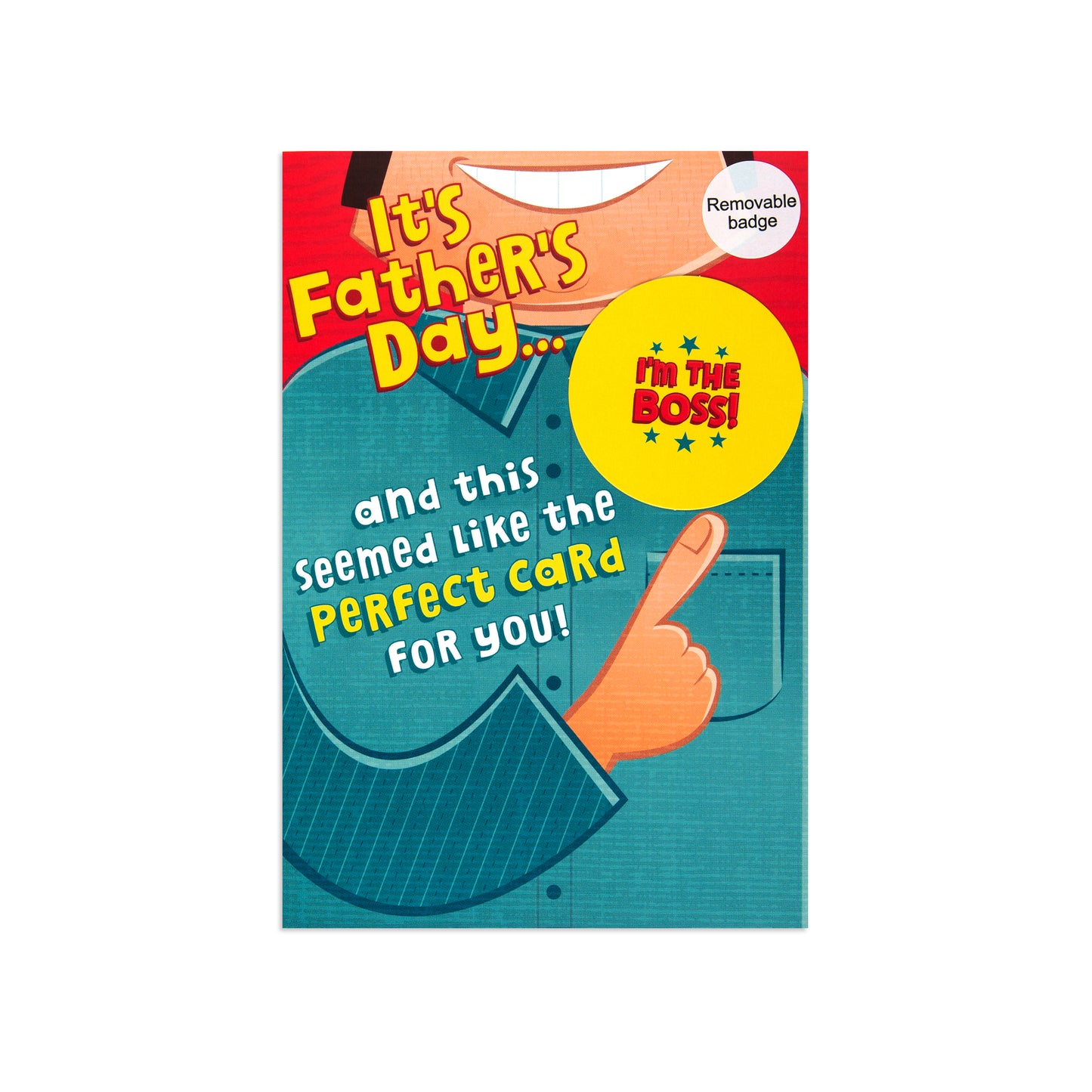 A Father's Day greeting card featuring a cartoon illustration of a man in a teal shirt pointing with his finger, with text that reads 'It's Father's Day.
