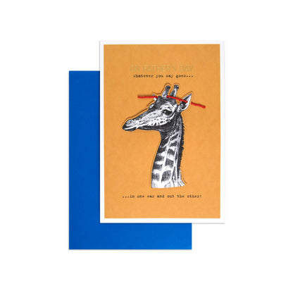 Fcc Gen Male Giraffe greeting card with illustrated giraffe on orange background and blue envelope, suitable for Father's Day.
