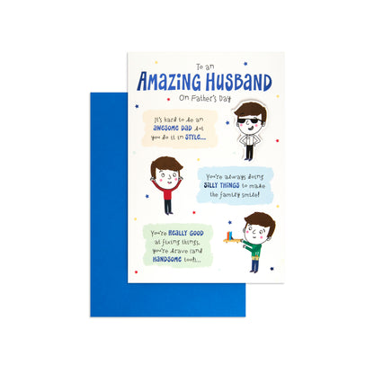Fcc Male Husband Cartoon greeting card featuring colourful illustrations and heartfelt messages, flat lay view with blue envelope