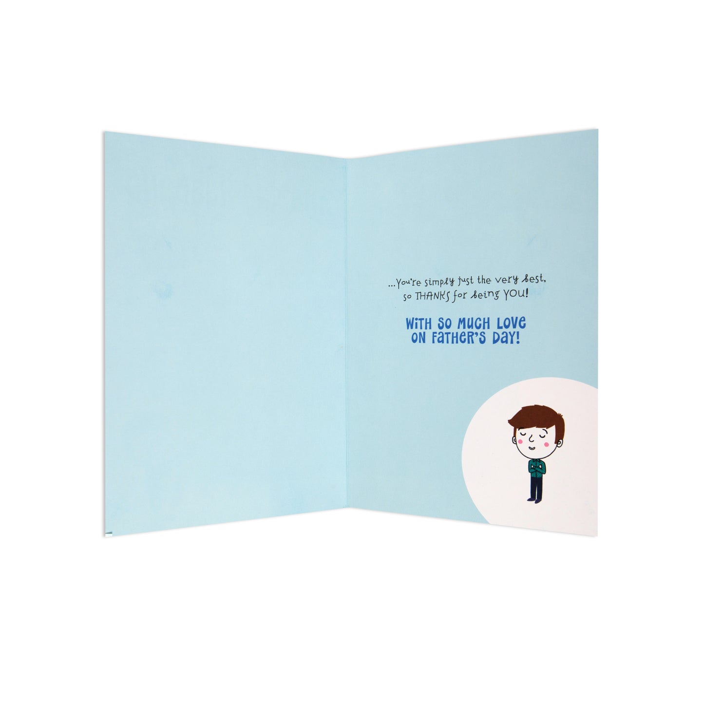 Fcc Male Husband Cartoon greeting card, blue interior design, featuring a cute character and Father's Day message.