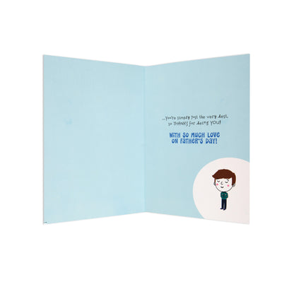 Fcc Male Husband Cartoon greeting card, blue interior design, featuring a cute character and Father's Day message.