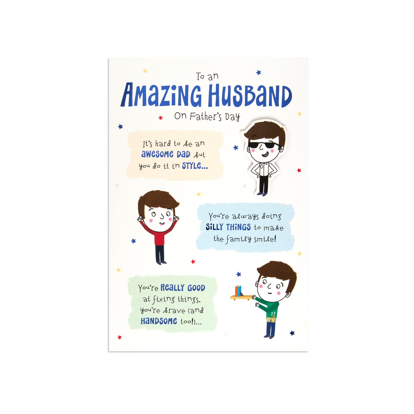 Fcc Male Husband Cartoon greeting card featuring playful illustrations and a heartfelt message for Father's Day.