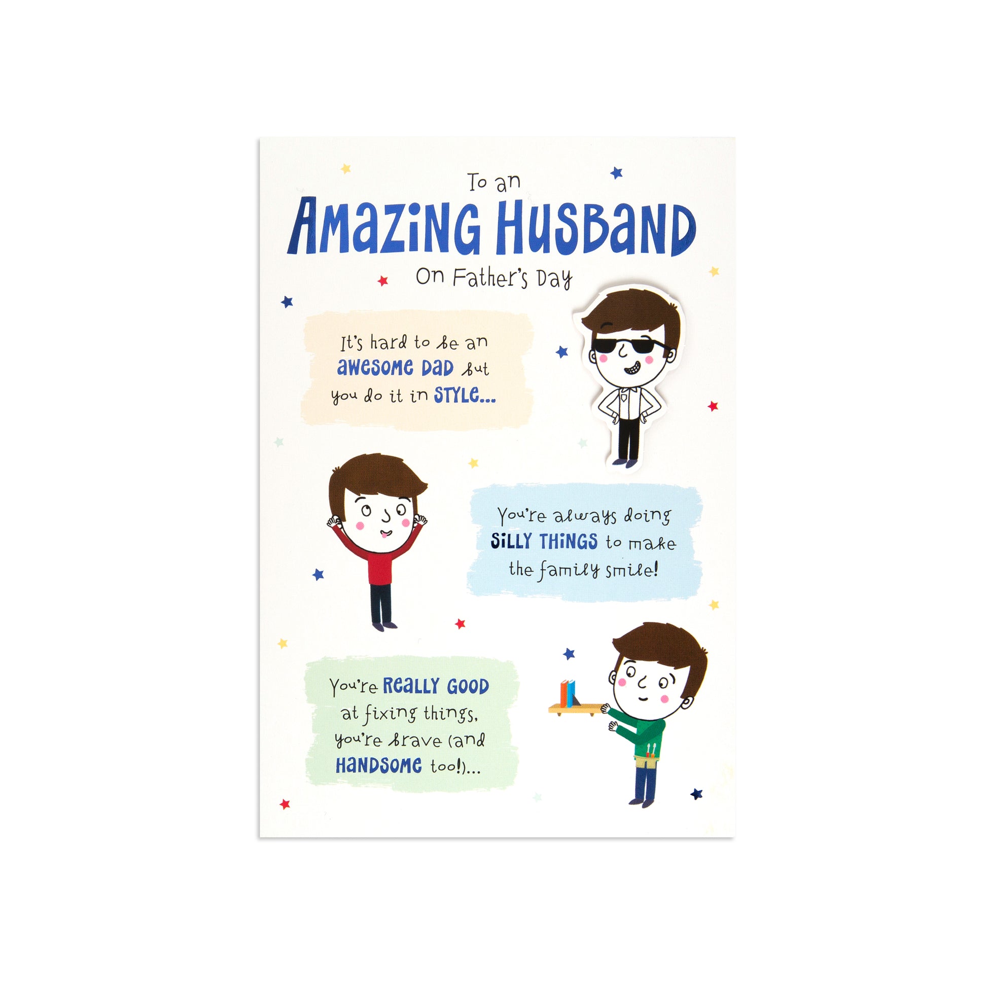 Fcc Male Husband Cartoon greeting card featuring playful illustrations and a heartfelt message for Father's Day.