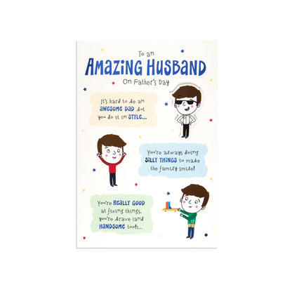 Fcc Male Husband Cartoon greeting card featuring playful illustrations and a heartfelt message for Father's Day.