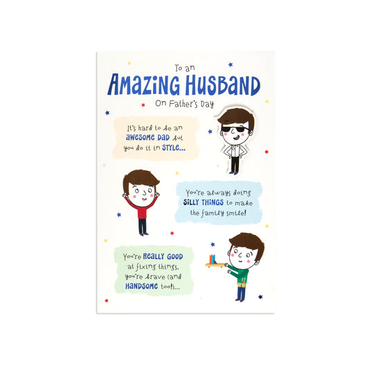 Fcc Male Husband Cartoon greeting card featuring playful illustrations and a heartfelt message for Father's Day.