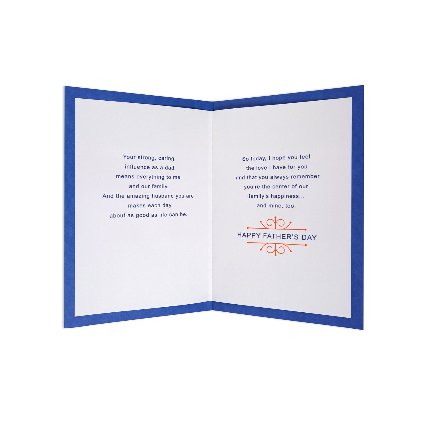An open folded greeting card with a blue border, white interior pages, and printed Father's Day messages, shown on a plain white background.