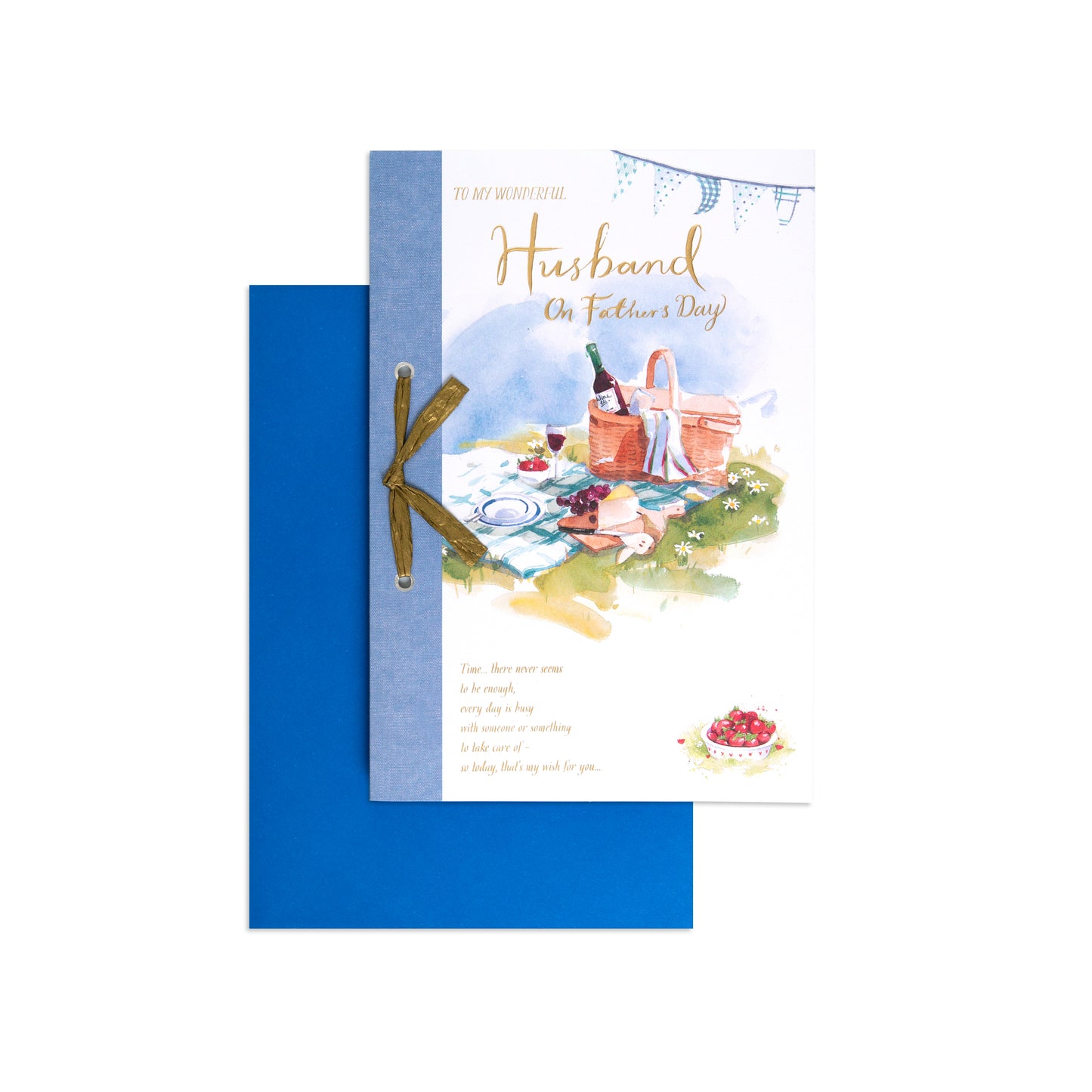 Fcc Male Husband Picnic Lo card featuring an illustration of a picnic setup with a basket and blue envelope, flat lay view.