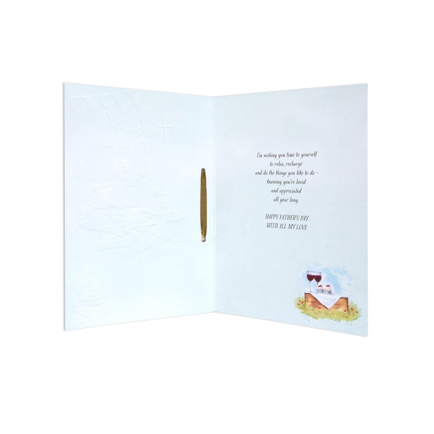 Fcc Male Husband Picnic Lo greeting card interior with heartfelt message and illustration of wine and picnic.