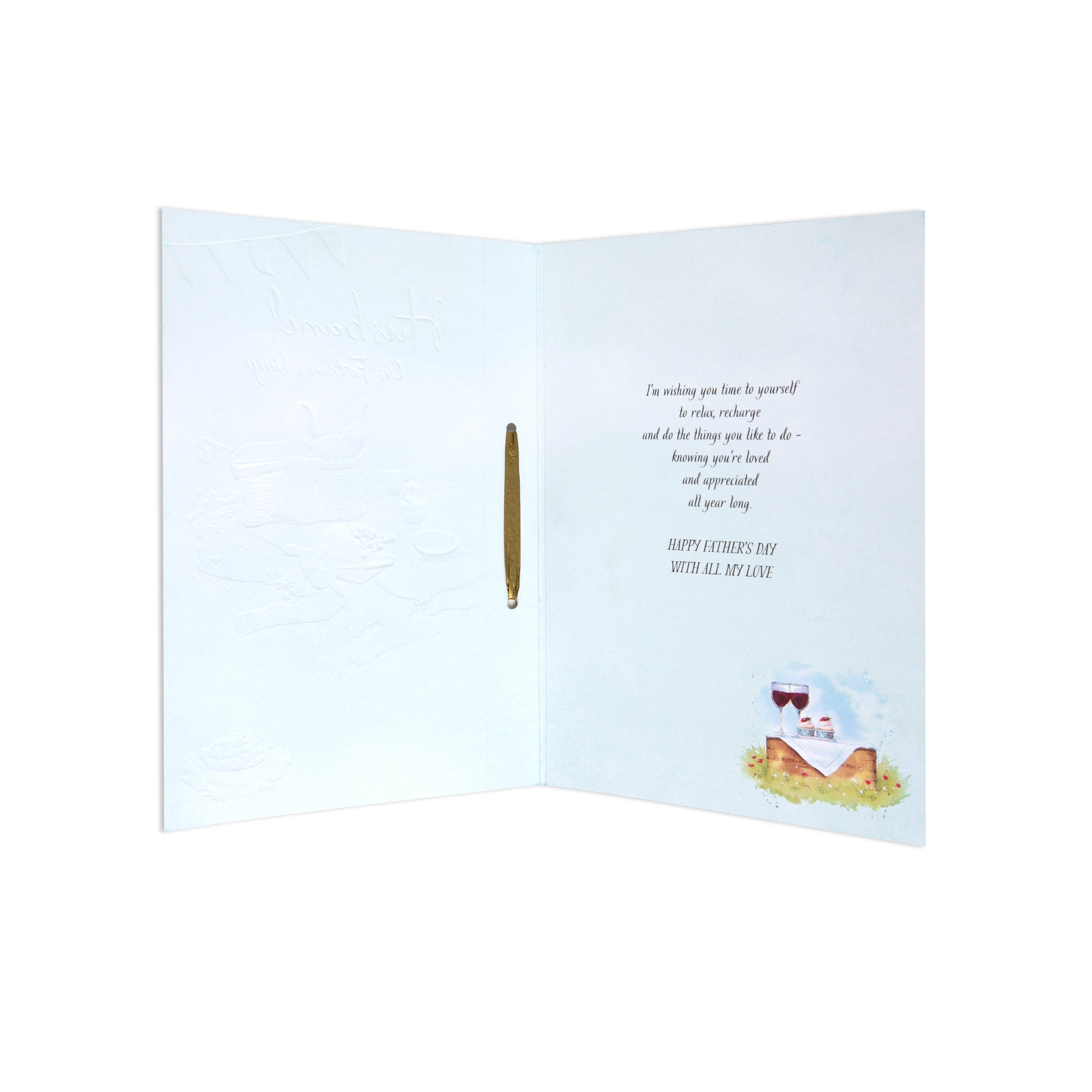Fcc Male Husband Picnic Lo greeting card interior with heartfelt message and illustration of wine and picnic.