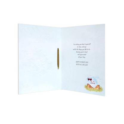 Fcc Male Husband Picnic Lo greeting card interior with heartfelt message and illustration of wine and picnic.