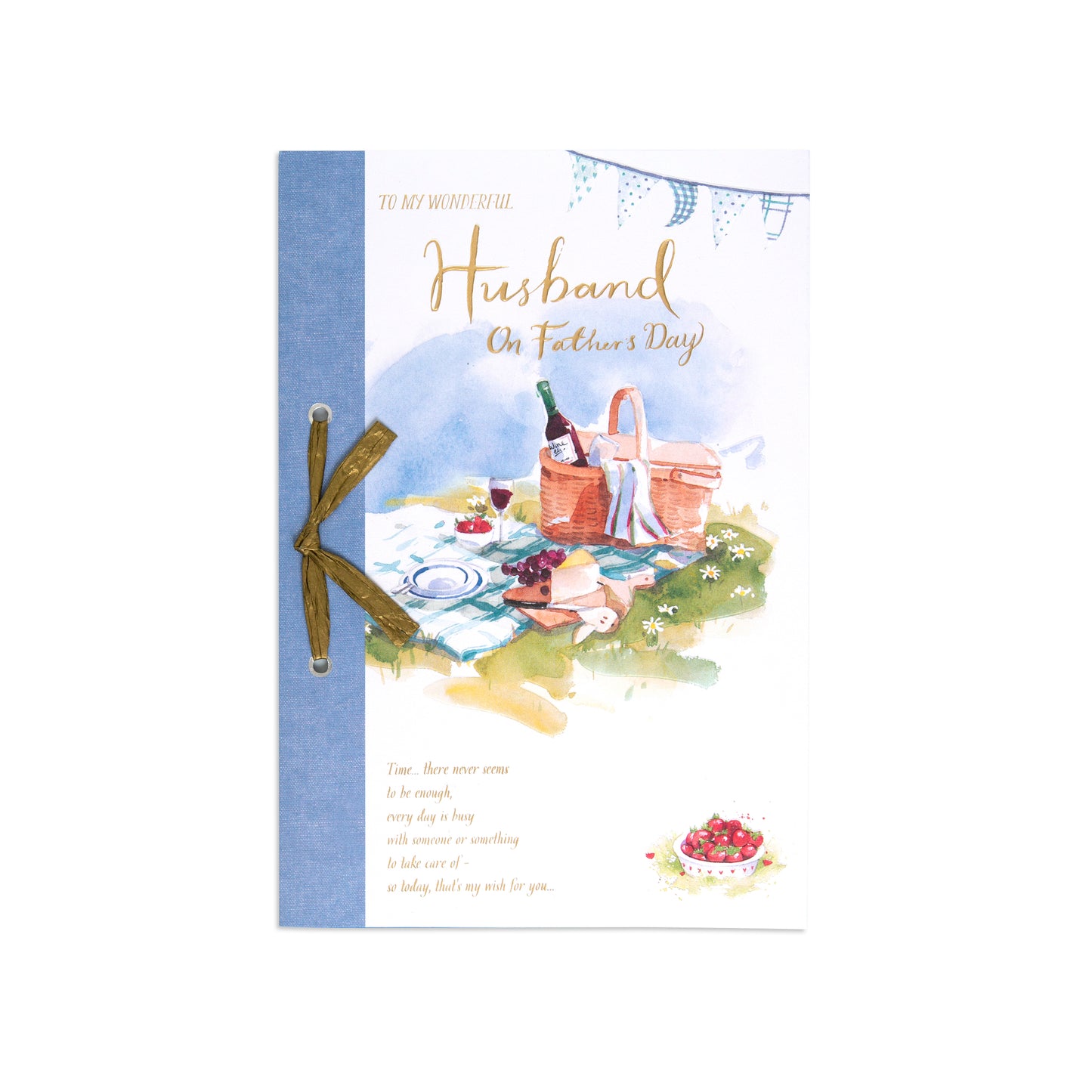 Fcc Male Husband Picnic Lo card featuring an illustration of a picnic scene with a basket and wine, decorated with a blue ribbon.