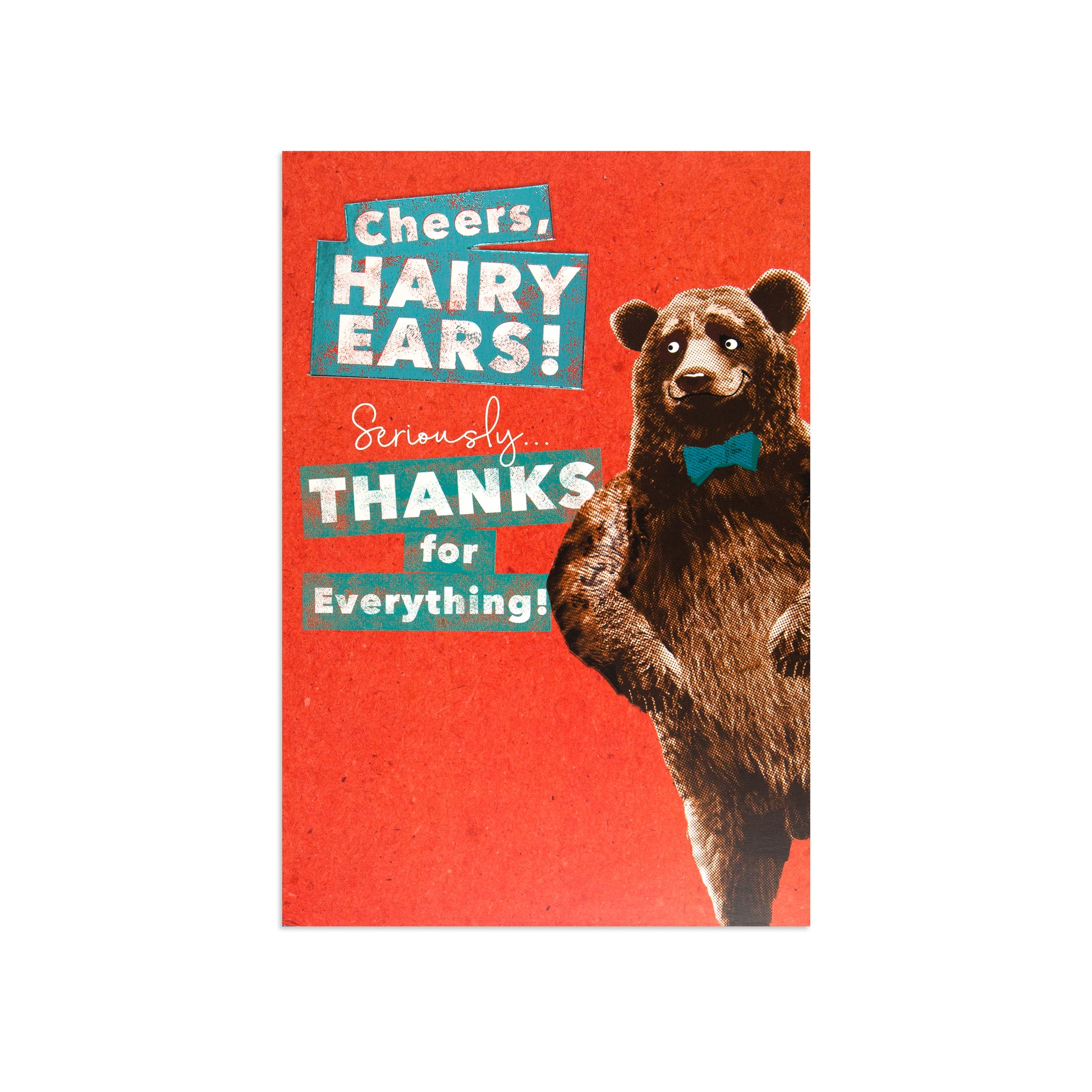 A greeting card featuring a retro design with a red textured background, bold teal and white text reading 'Cheers, Hairy Ears! Seriously Thanks for Everything!', and a brown bear wearing a teal bow tie on the right side.